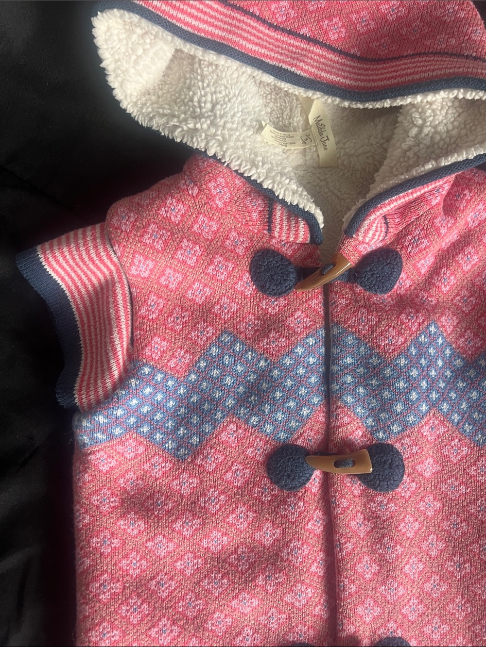 Matilda Jane Pink Fair Isle Hooded Vest with Navy Trim